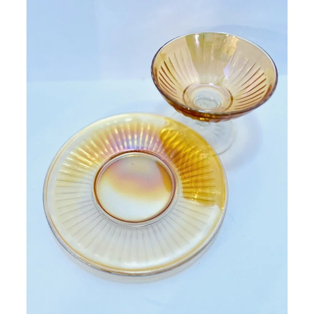 Imperial Marigold Carnival Glass Sherbet Dish & Underplate Vintage Set